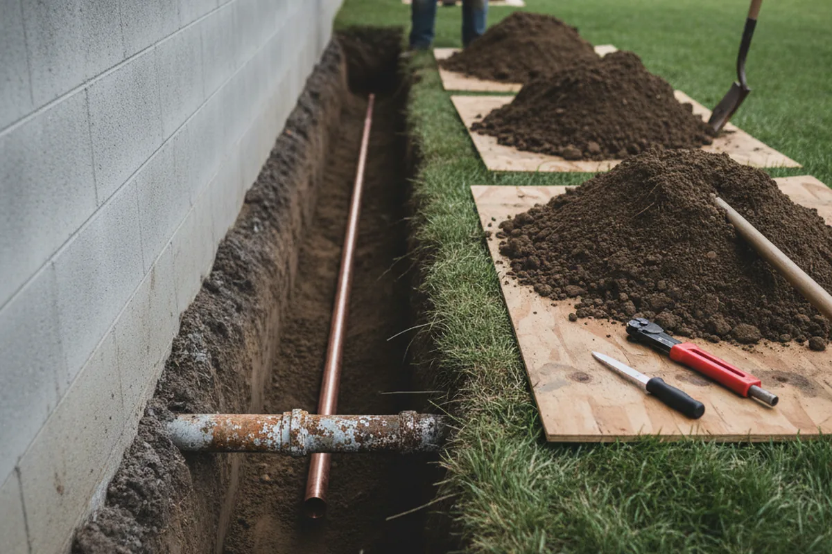 Excavated water line trench during Water Heater Repair in Liberty Hill